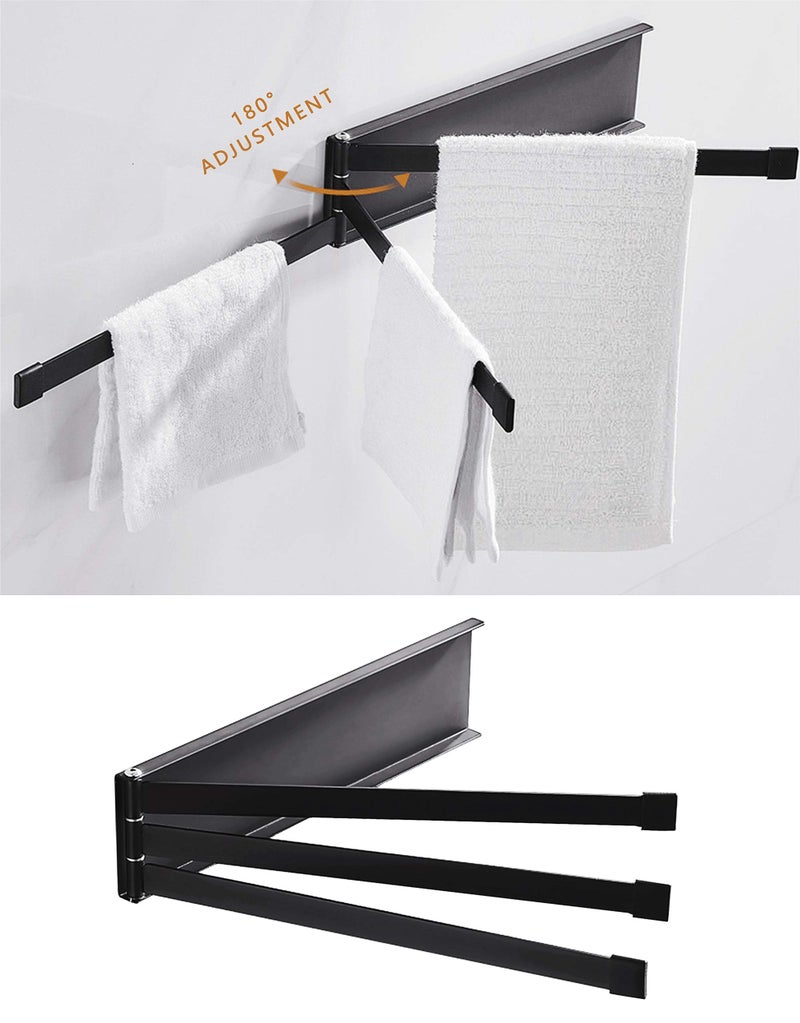 YEAVS Swing Towel Holder Rack Matte Black, Wall Mounted Towel Bar Swivel with 3-Arm for Bathroom Kitchen Storage - Image 3